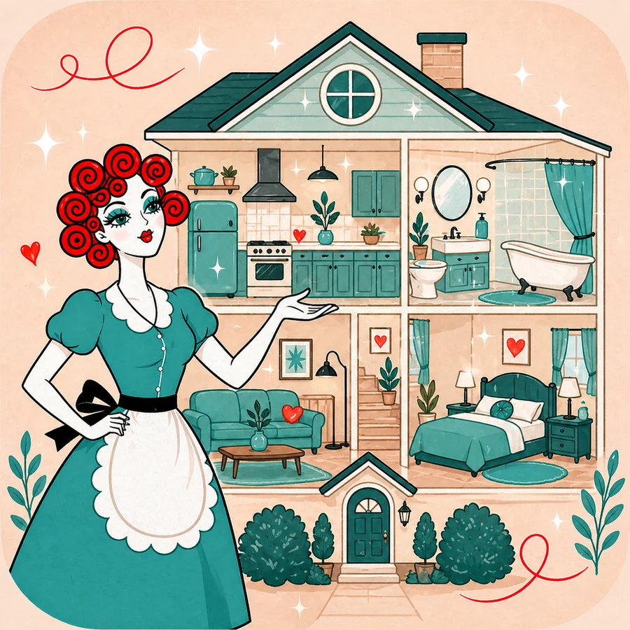 Illustrated dollhouse showing kitchen, bathroom, living room, and bedroom